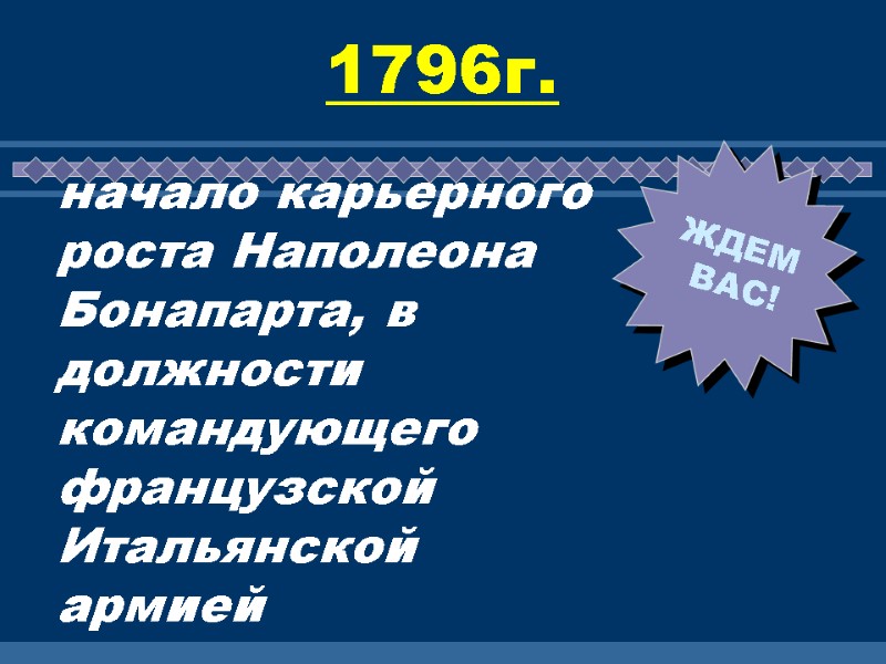 1796г. начало карьерного роста Наполеона Бонапарта, в должности командующего французской Итальянской армией